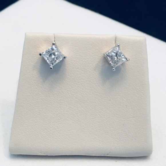 14K White Gold 2.0 CTW Princess Cut Diamond Stud Earrings - Picture 1 of 13